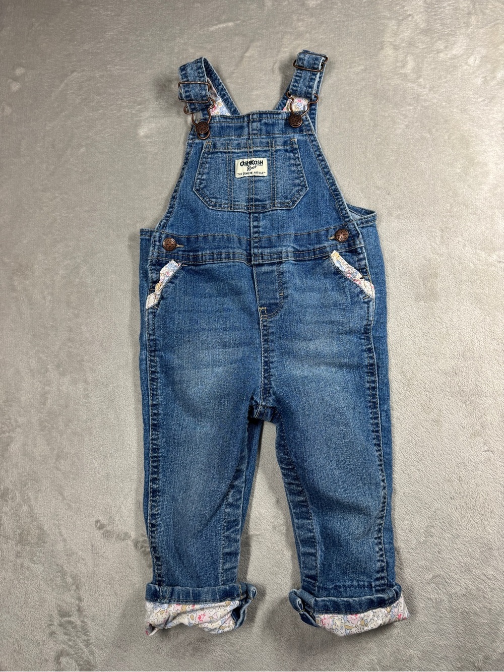 Oshkosh B’Gosh Baby Girl Denim Blue Jean Floral Trim Overalls Size 18 Months